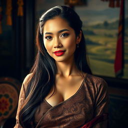 A beautiful Javanese woman with striking features and large breasts