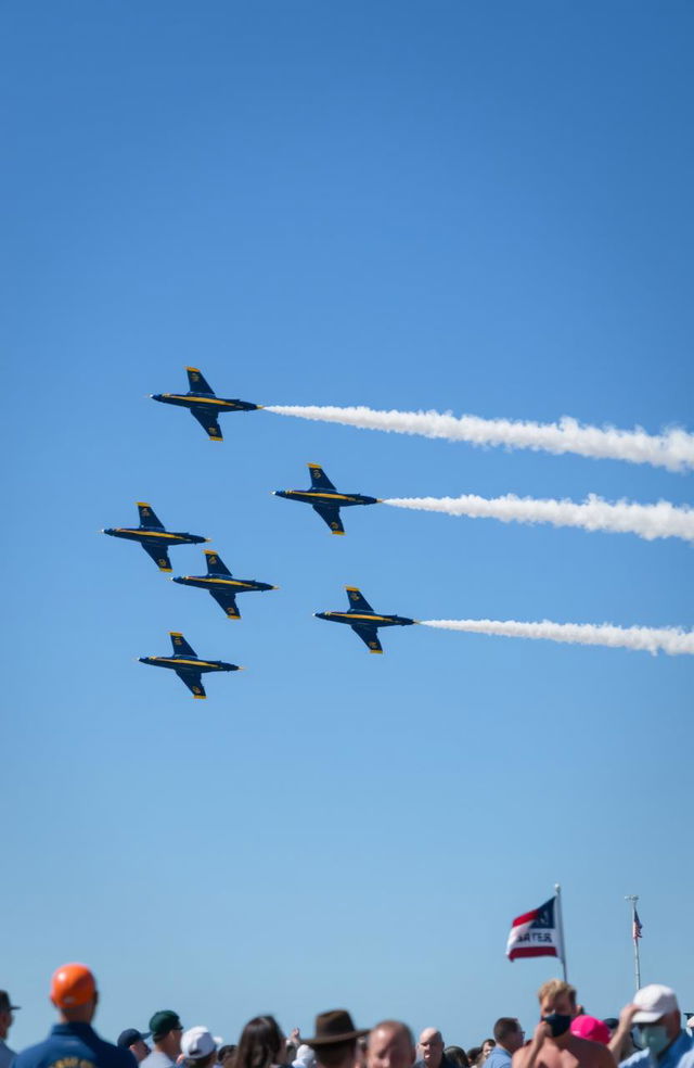 A breathtaking aerial display featuring the Blue Angels, a renowned US Navy flight demonstration squadron