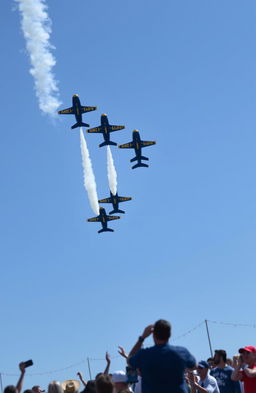 A breathtaking aerial display featuring the Blue Angels, a renowned US Navy flight demonstration squadron