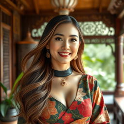 A beautiful Javanese woman with mixed Korean heritage, known for her striking features and large breasts