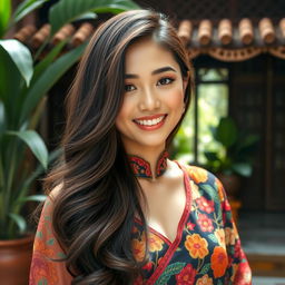 A beautiful Javanese woman with mixed Korean heritage, known for her striking features and large breasts