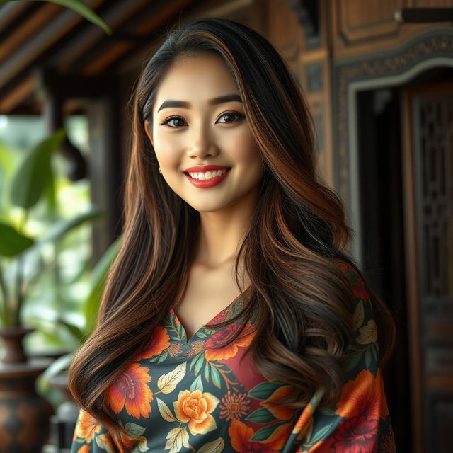 A beautiful Javanese woman with mixed Korean heritage, known for her striking features and large breasts