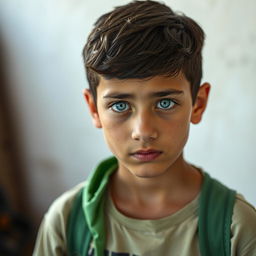 A portrait of a 15-year-old Iraqi boy, featuring an Iraqi skin tone and strikingly unnatural blue eyes that convey a sense of high intelligence and depth