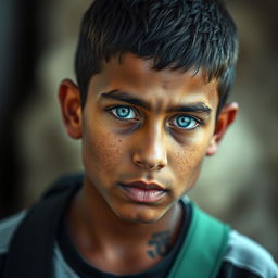 A portrait of a 15-year-old Iraqi boy, featuring an Iraqi skin tone and strikingly unnatural blue eyes that convey a sense of high intelligence and depth