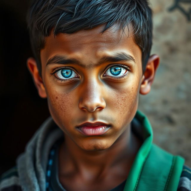 A portrait of a 15-year-old Iraqi boy, featuring an Iraqi skin tone and strikingly unnatural blue eyes that convey a sense of high intelligence and depth