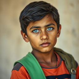 A portrait of a 15-year-old Iraqi boy, featuring an Iraqi skin tone and strikingly unnatural blue eyes that convey a sense of high intelligence and depth