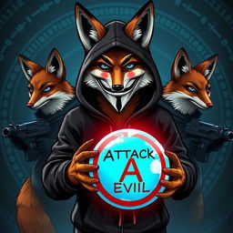 A fox wearing a black hoodie with a Guy Fawkes mask on its face, standing confidently in front, holding a globe with the words 'Attack Evil' inscribed on it