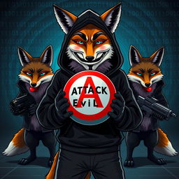A fox wearing a black hoodie with a Guy Fawkes mask on its face, standing confidently in front, holding a globe with the words 'Attack Evil' inscribed on it