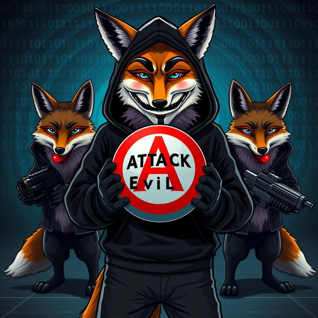 A fox wearing a black hoodie with a Guy Fawkes mask on its face, standing confidently in front, holding a globe with the words 'Attack Evil' inscribed on it