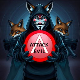A fox wearing a black hoodie with a Guy Fawkes mask on its face, standing confidently in front, holding a globe with the words 'Attack Evil' inscribed on it