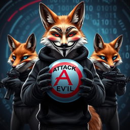 A fox wearing a black hoodie with a Guy Fawkes mask on its face, standing confidently in front, holding a globe with the words 'Attack Evil' inscribed on it