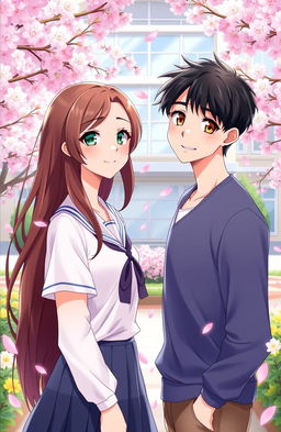 A romantic illustration depicting a high school love story between two teenagers named Alana and Bara