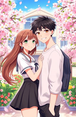 A romantic illustration depicting a high school love story between two teenagers named Alana and Bara