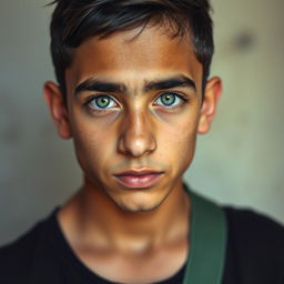 A portrait of a 17-year-old Iraqi boy, displaying an Iraqi skin tone and eye-catching unnatural blue eyes that reflect a high level of intelligence