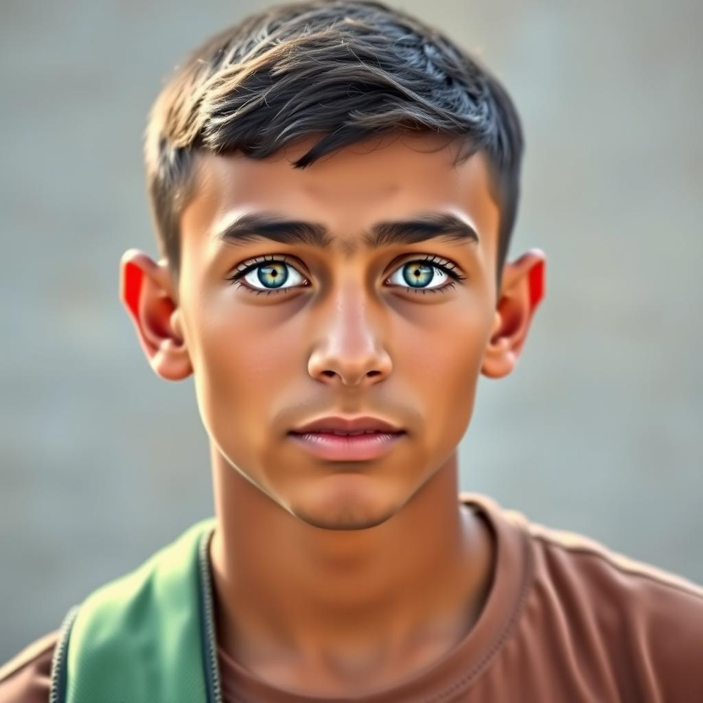 A portrait of a 17-year-old Iraqi boy, displaying an Iraqi skin tone and eye-catching unnatural blue eyes that reflect a high level of intelligence