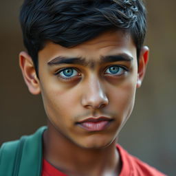 A portrait of a 17-year-old Iraqi boy, displaying an Iraqi skin tone and eye-catching unnatural blue eyes that reflect a high level of intelligence