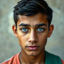 A portrait of a 17-year-old Iraqi boy, displaying an Iraqi skin tone and eye-catching unnatural blue eyes that reflect a high level of intelligence