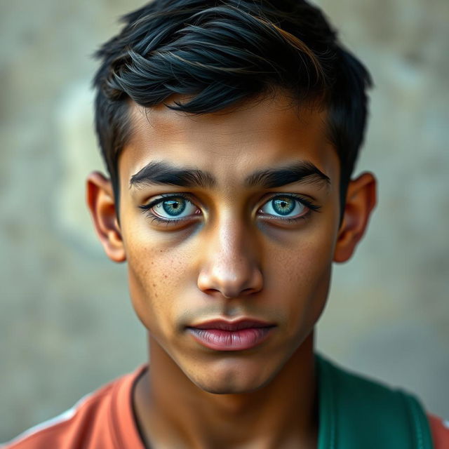 A portrait of a 17-year-old Iraqi boy, displaying an Iraqi skin tone and eye-catching unnatural blue eyes that reflect a high level of intelligence