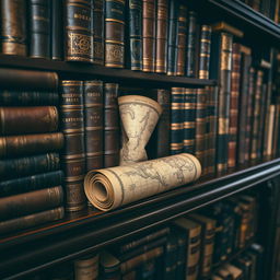 A close-up view of a shelf overflowing with rare and precious books, showcasing intricate leather bindings and gilded pages