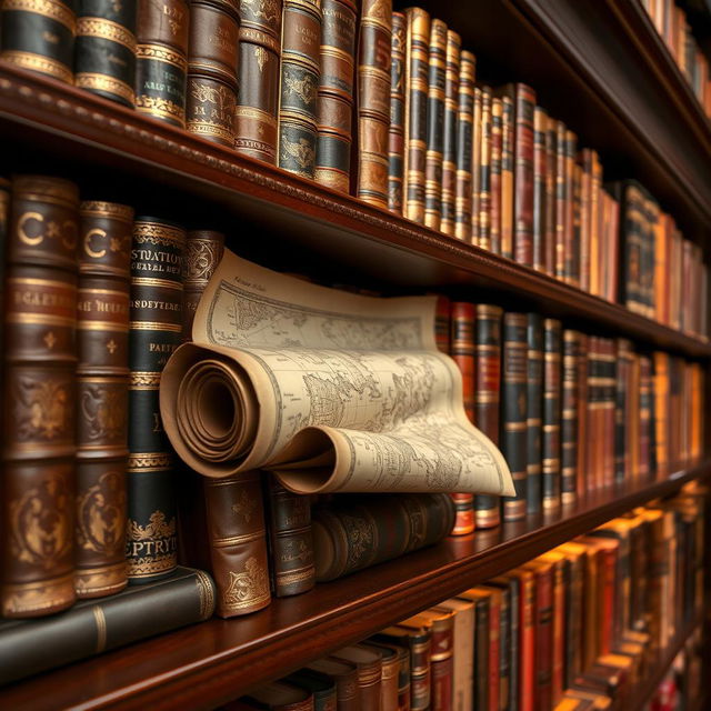 A close-up view of a shelf overflowing with rare and precious books, showcasing intricate leather bindings and gilded pages