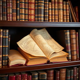 A close-up view of a shelf overflowing with rare and precious books, showcasing intricate leather bindings and gilded pages
