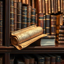 A close-up view of a shelf overflowing with rare and precious books, showcasing intricate leather bindings and gilded pages