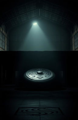 A dark and atmospheric cover image featuring a Reichsflugscheibe (Nazi flying disc) housed in a dimly lit hangar