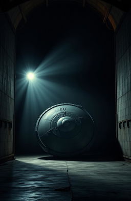 A dark and atmospheric cover image featuring a Reichsflugscheibe (Nazi flying disc) housed in a dimly lit hangar