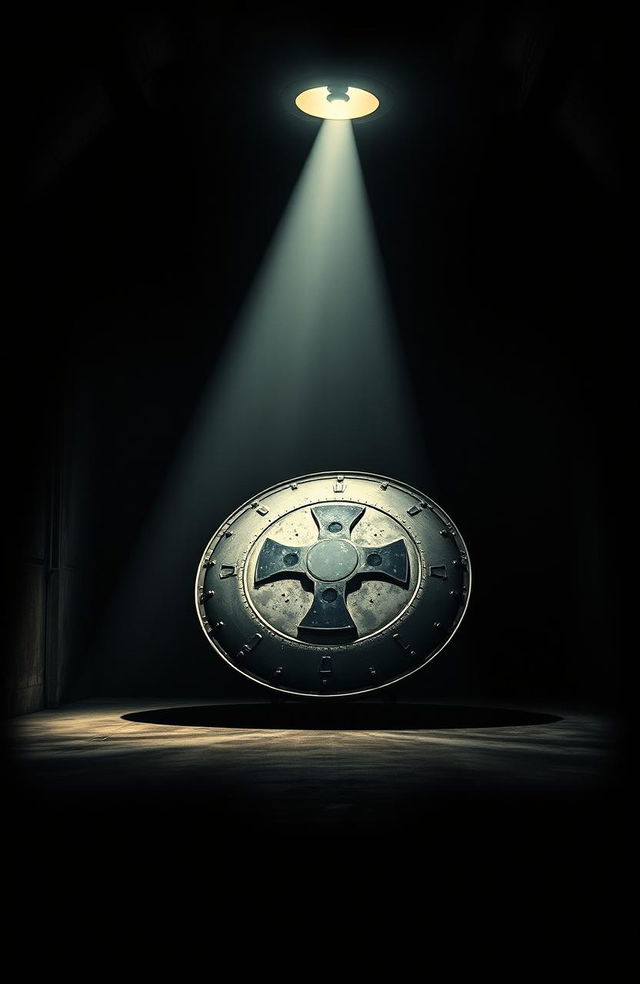 A dark and atmospheric cover image featuring a Reichsflugscheibe (Nazi flying disc) housed in a dimly lit hangar