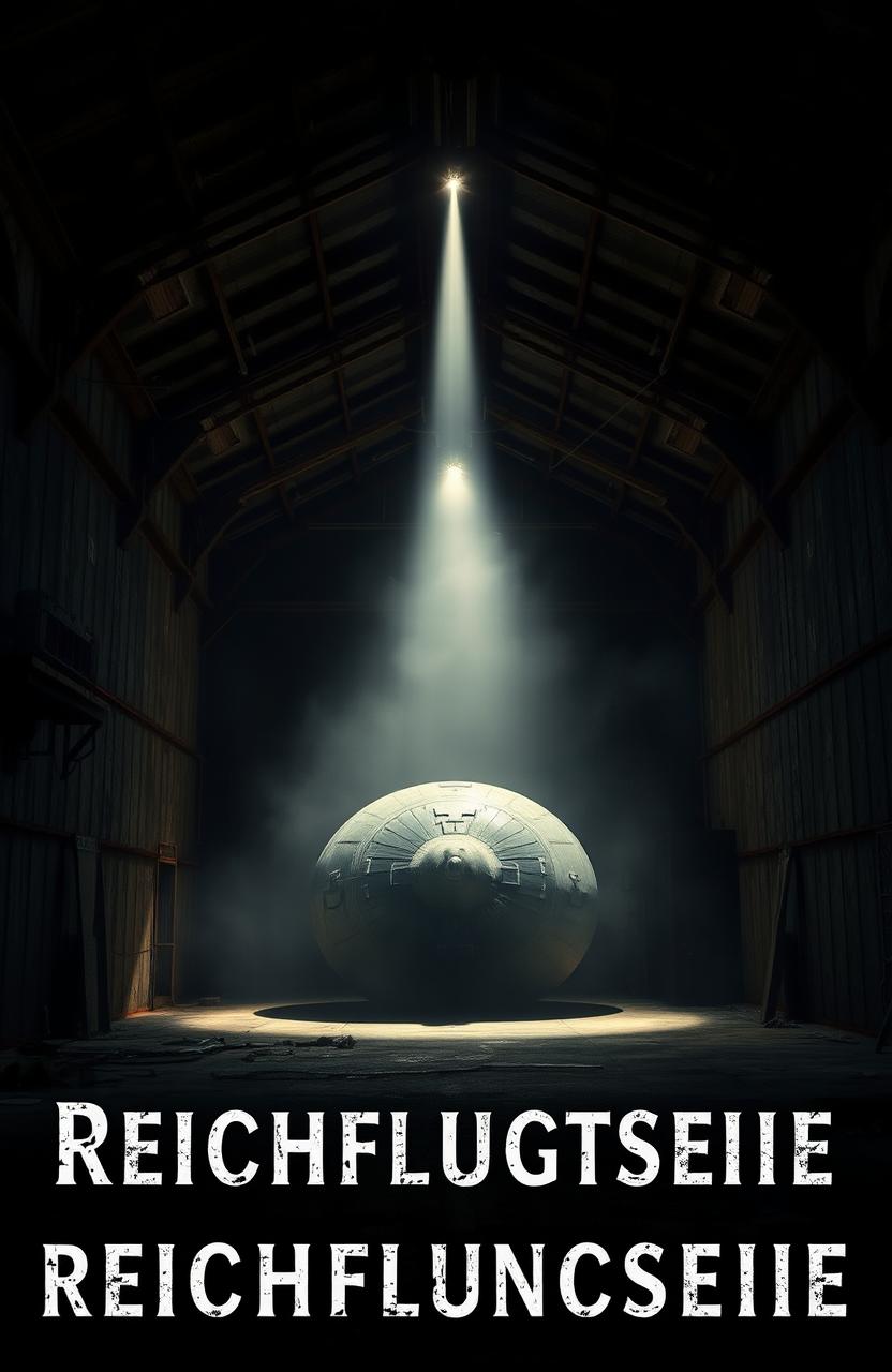 A dark and atmospheric cover image featuring a Reichsflugscheibe (Nazi flying disc) housed in a dimly lit hangar