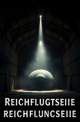 A dark and atmospheric cover image featuring a Reichsflugscheibe (Nazi flying disc) housed in a dimly lit hangar