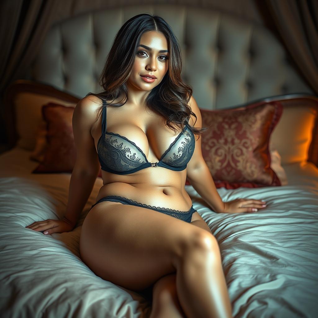 A beautiful thick Latina woman lounging on a luxurious bed, wearing stunning revealing lingerie