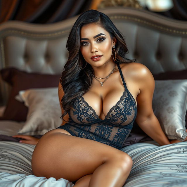 A beautiful thick Latina woman lounging on a luxurious bed, wearing stunning revealing lingerie