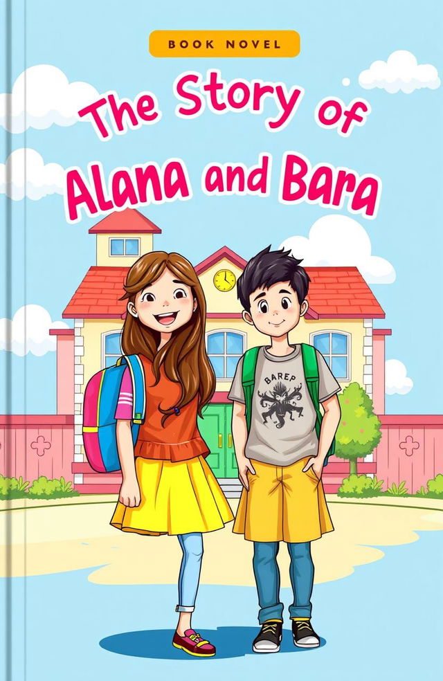 A charming school-style book cover for the novel 'The Story of Alana and Bara'