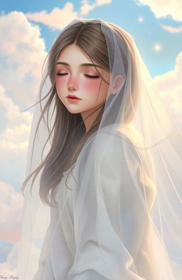 A serene scene featuring a beautiful girl with a delicate veil cascading down from the sky, her hair gently flowing with the wind