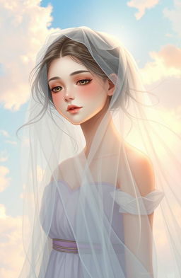 A serene scene featuring a beautiful girl with a delicate veil cascading down from the sky, her hair gently flowing with the wind