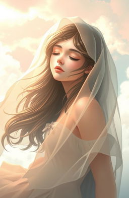 A serene scene featuring a beautiful girl with a delicate veil cascading down from the sky, her hair gently flowing with the wind