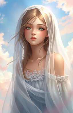 A serene scene featuring a beautiful girl with a delicate veil cascading down from the sky, her hair gently flowing with the wind