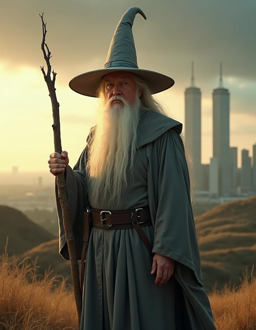 A dramatic scene featuring a character resembling Donald Trump transformed into Gandalf the Grey, standing tall with a staff in his hand