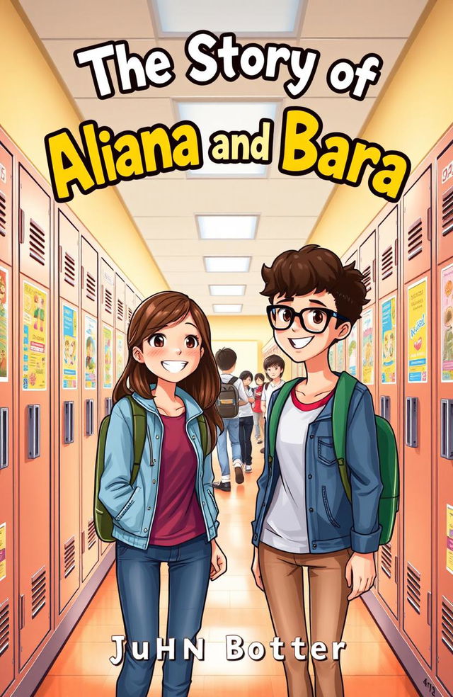 A charming high school-style book cover for the novel 'The Story of Alana and Bara'