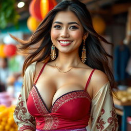 A beautiful Javanese woman with mixed Korean heritage, known for her striking features and large breasts, exuding a playful and flirtatious charm