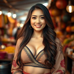 A beautiful Javanese woman with mixed Korean heritage, known for her striking features and large breasts, exuding a playful and flirtatious charm