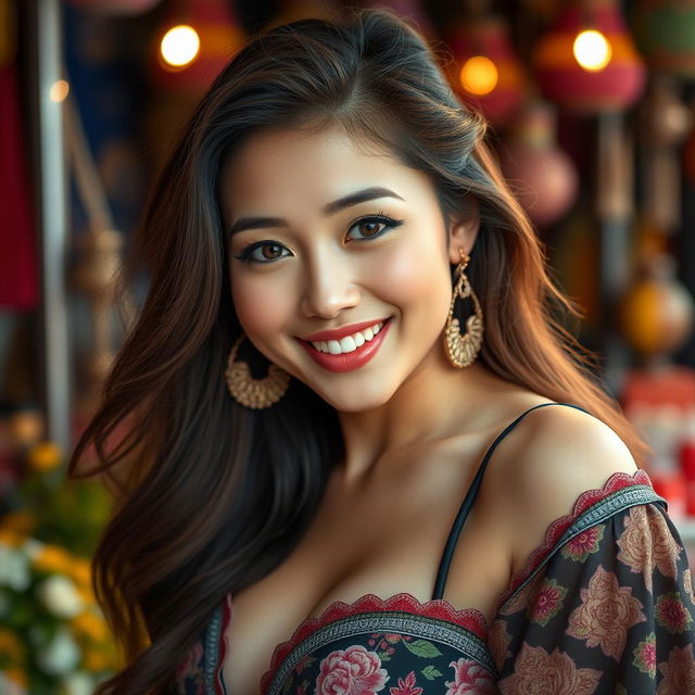 A beautiful Javanese woman with mixed Korean heritage, known for her striking features and large breasts, exuding a playful and flirtatious charm