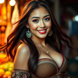 A beautiful Javanese woman with mixed Korean heritage, known for her striking features and large breasts, exuding a playful and flirtatious charm