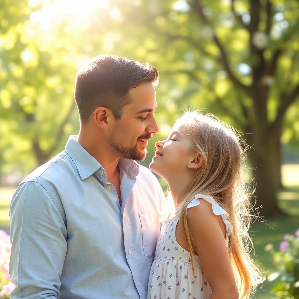 A heartwarming scene where a man gently kisses a girl's nose