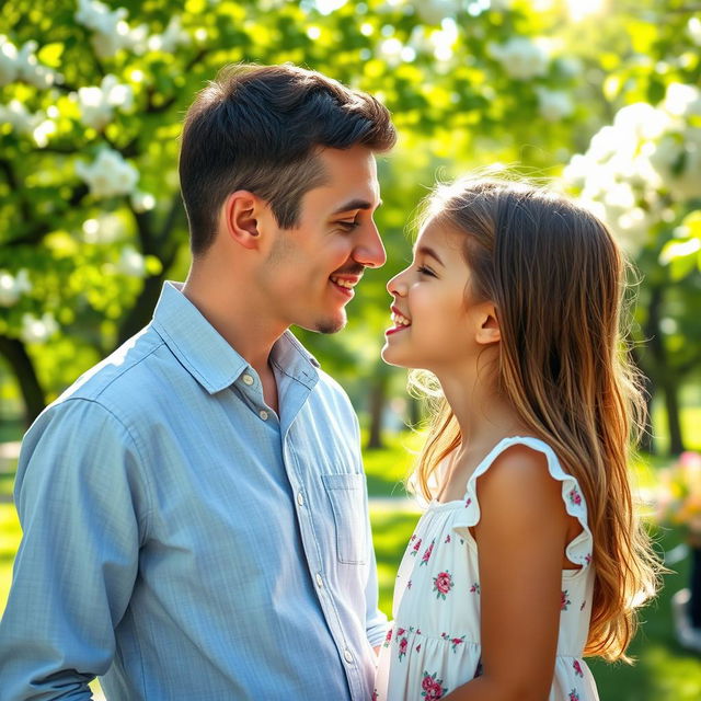 A heartwarming scene where a man gently kisses a girl's nose