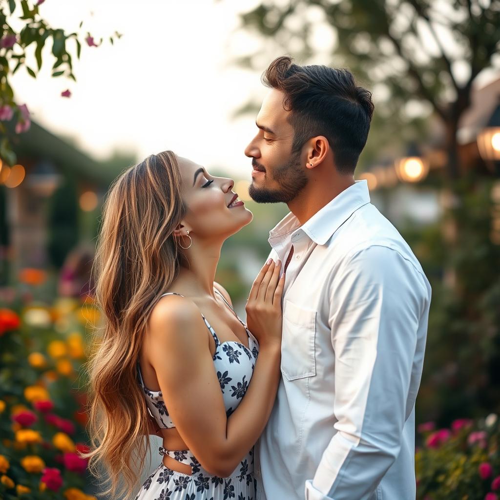 A romantic scene where a man delicately kisses a woman's nose