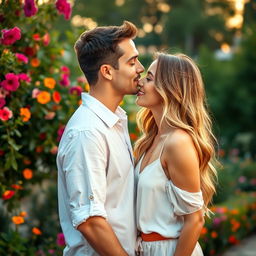A romantic scene where a man delicately kisses a woman's nose