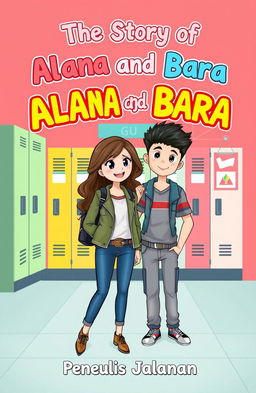 A charming high school-style book cover for the novel 'The Story of Alana and Bara' by Penulis Jalanan