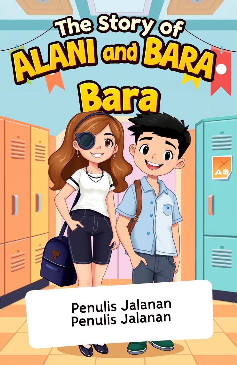 A charming high school-style book cover for the novel 'The Story of Alana and Bara' by Penulis Jalanan